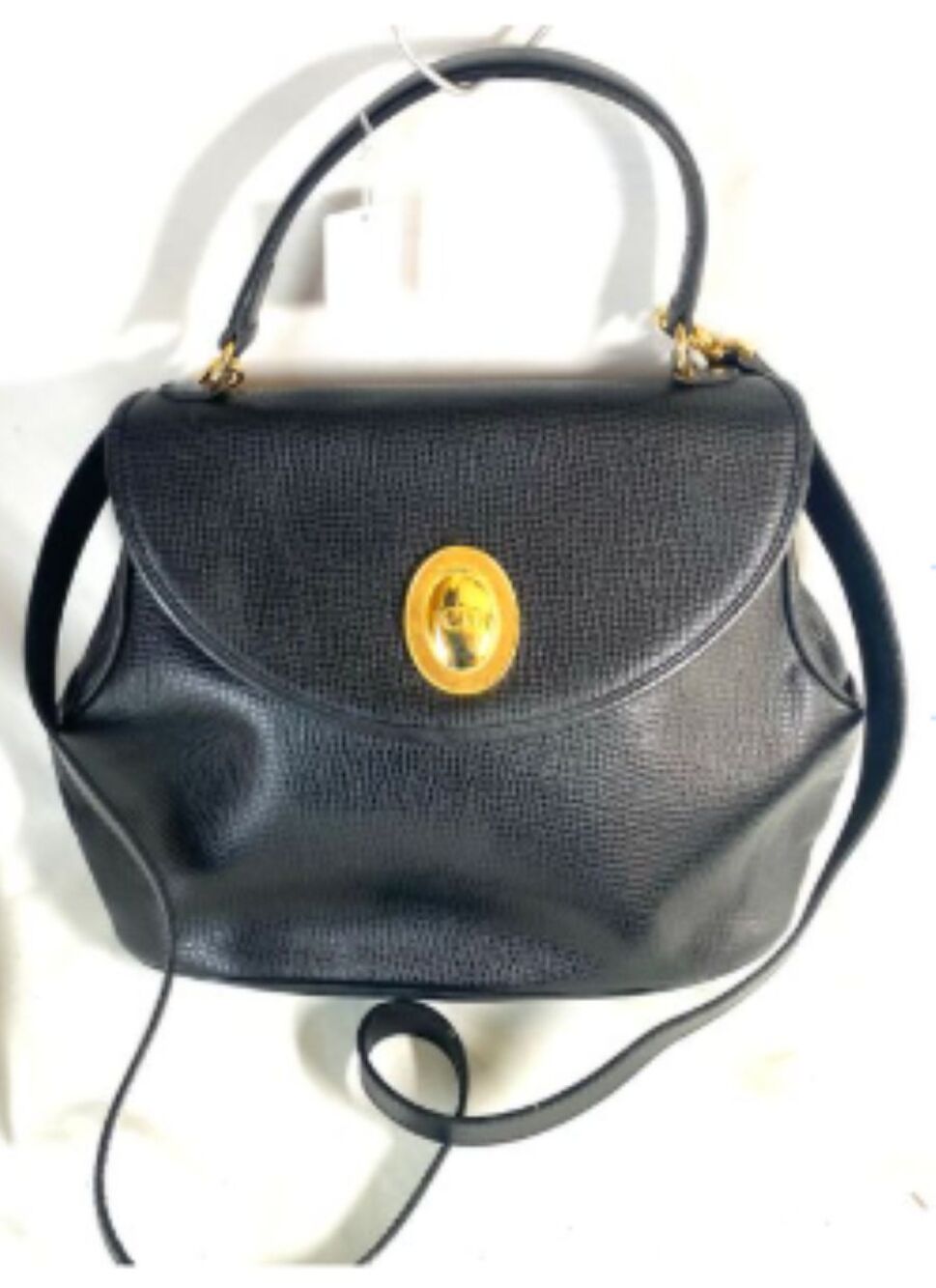Vintage Christian Dior Shoulder Hand Bag Black Grained Leather Gold Logo Plate